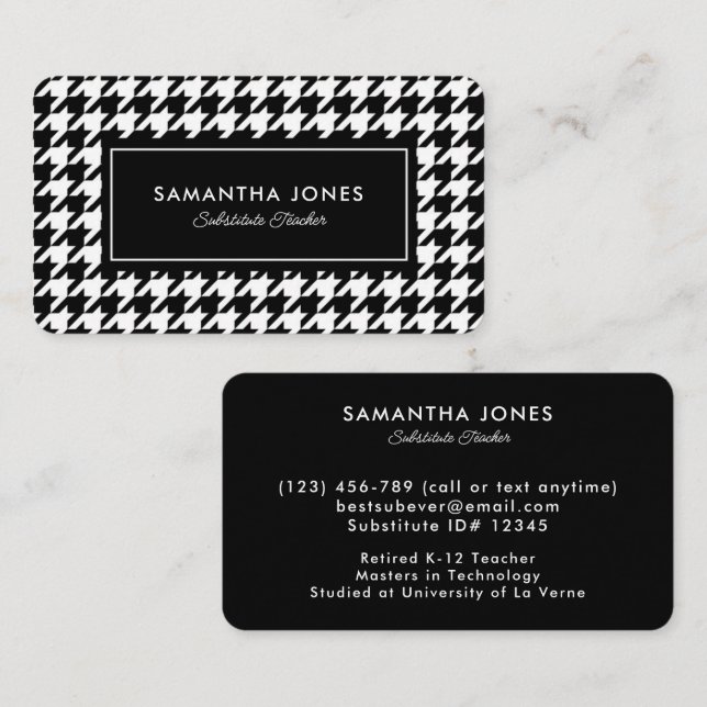 Black Houndstooth Substitute Teacher Contact Info Business Card (Front/Back)