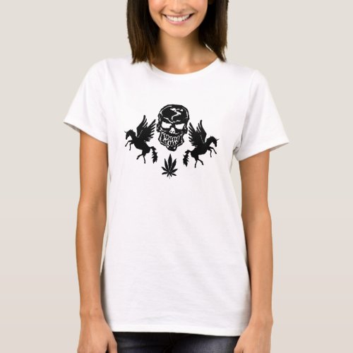 Black Human Skull and Unicorns Weed T_Shirt