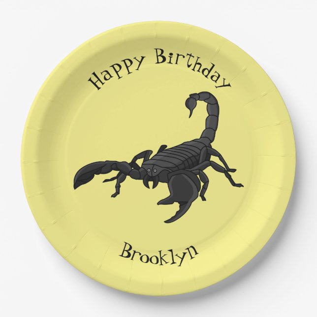 Black hungry scorpion cartoon illustration paper plates (Front)