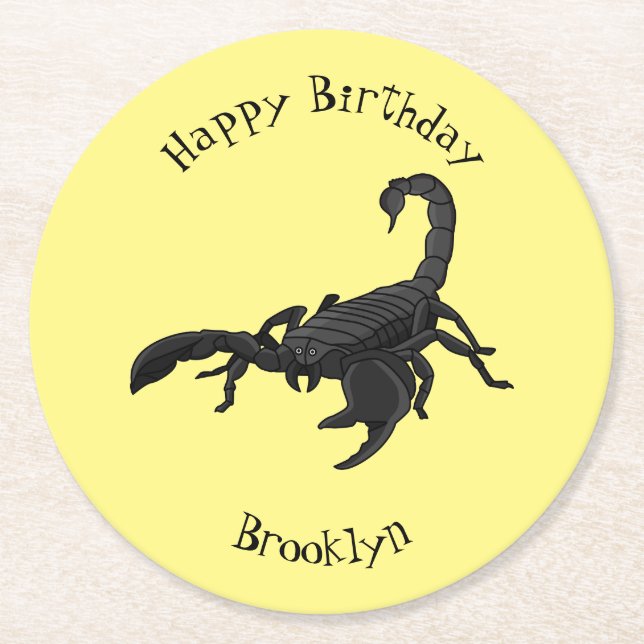 Black hungry scorpion cartoon illustration  round paper coaster (Front)