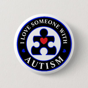 Black "I love someone with Autism" pin awareness.