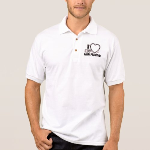 black i luv 1 polo shirt - cute and bubbly font that says " I Love My GIRLFRIEND" with a huge heart that allows you to insert your image, in color black and light pink