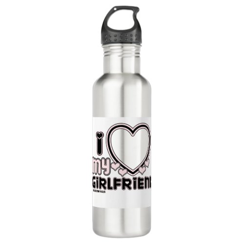 black i luv 1 stainless steel water bottle - cute and bubbly font that says " I Love My GIRLFRIEND" with a huge heart that allows you to insert your image, in color black and light pink