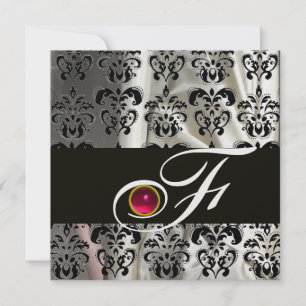 BLACK ICE SILK DAMASK CLOTH MONOGRAM PINK RUBY INVITATION