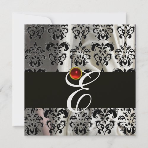 BLACK ICE SILK DAMASK CLOTH MONOGRAM  RED RUBY INVITATION