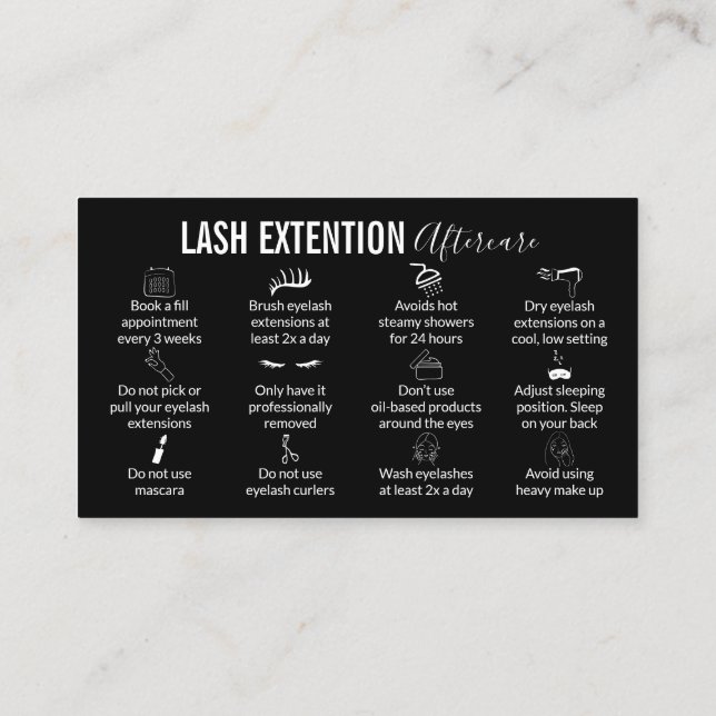 Black Icon Lash Extension Aftercare Instruction Business Card (Back)