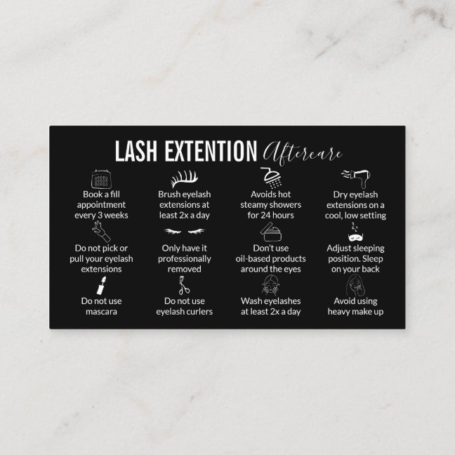 Black Icon Lash Extension Aftercare Instruction Business Card