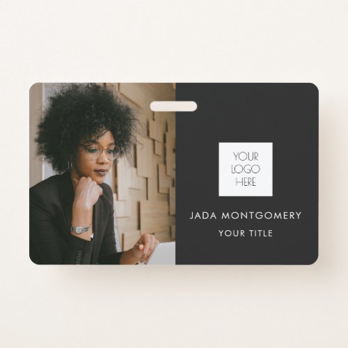 Black ID Card  Modern Minimalist Photo And Logo Badge