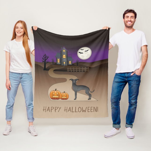 Black Iggy Cute Dog And Halloween Haunted House Fleece Blanket (In Situ)