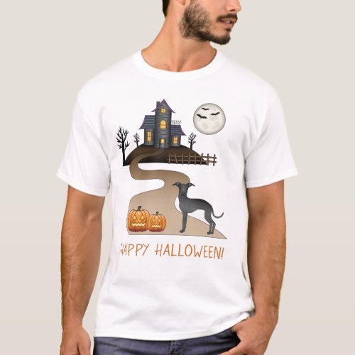 Black Iggy Cute Dog And Halloween Haunted House T_Shirt