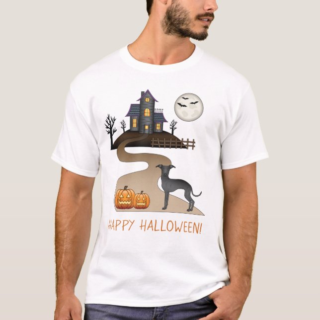 Black Iggy Cute Dog And Halloween Haunted House T-Shirt (Front)
