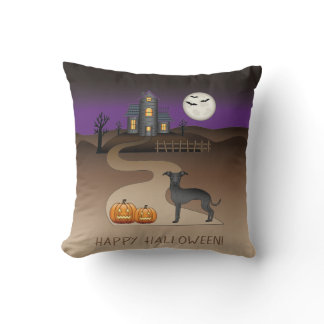 Black Iggy Cute Dog And Halloween Haunted House Throw Pillow