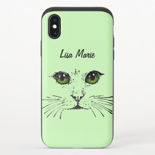 Black Illustration Cat Face Bright Green Eyes iPhone X Slider Case