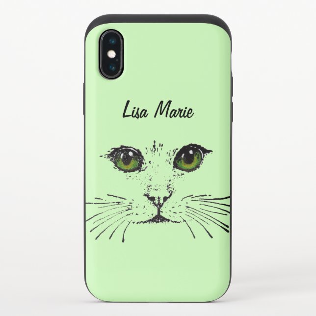 Black Illustration Cat Face Bright Green Eyes Uncommon iPhone Case (Back)