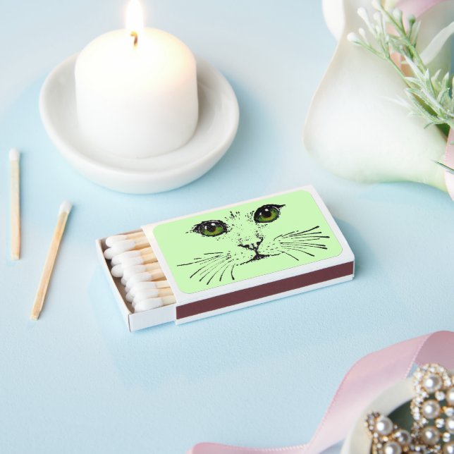 Black Illustration Cat Face Green Eyes Whiskers Matchboxes (Insitu)