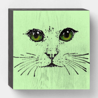 Black Illustration Face of Cat Whiskers Green Eyes Wooden Box Sign