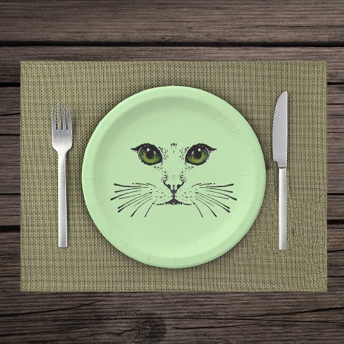 black Illustration of Cat Face Green Eyes Whiskers Paper Plates