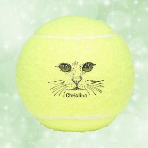 Black Illustration of Face of Cat Green eyes Tennis Balls