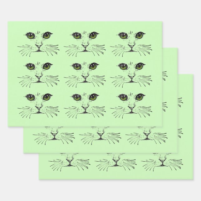 Black Illustrations Cat Faces Green Eyes Whiskers Wrapping Paper Sheets (Set)