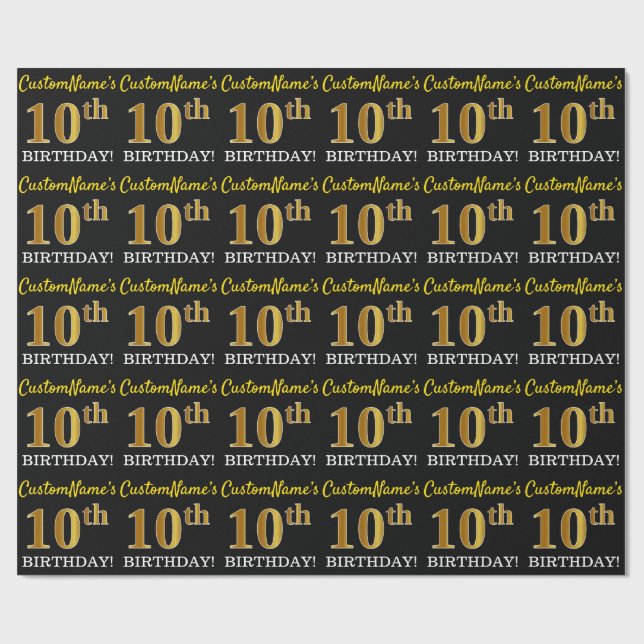 Black, Imitation Gold "10th BIRTHDAY" Wrapping Paper (Flat)