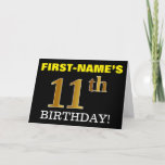 [ Thumbnail: Black, Imitation Gold "11th Birthday" Card ]