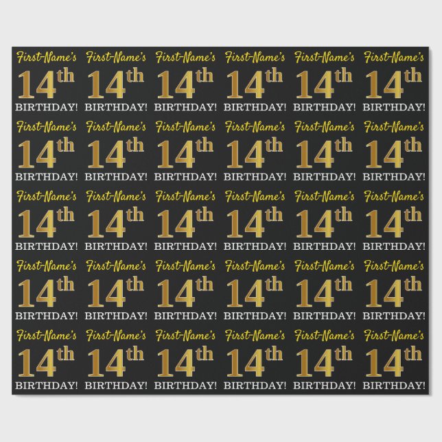 Black, Imitation Gold "14th BIRTHDAY" Wrapping Paper (Flat)