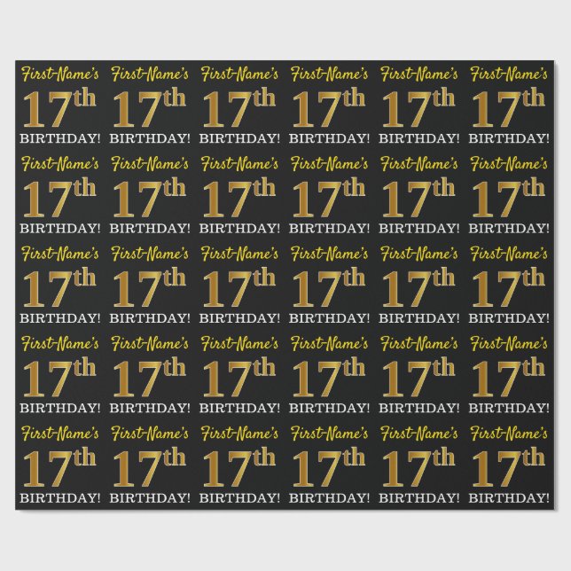 Black, Imitation Gold "17th BIRTHDAY" Wrapping Paper (Flat)