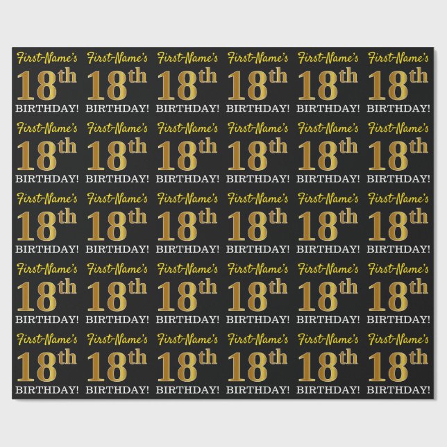 Black, Imitation Gold "18th BIRTHDAY" Wrapping Paper (Flat)