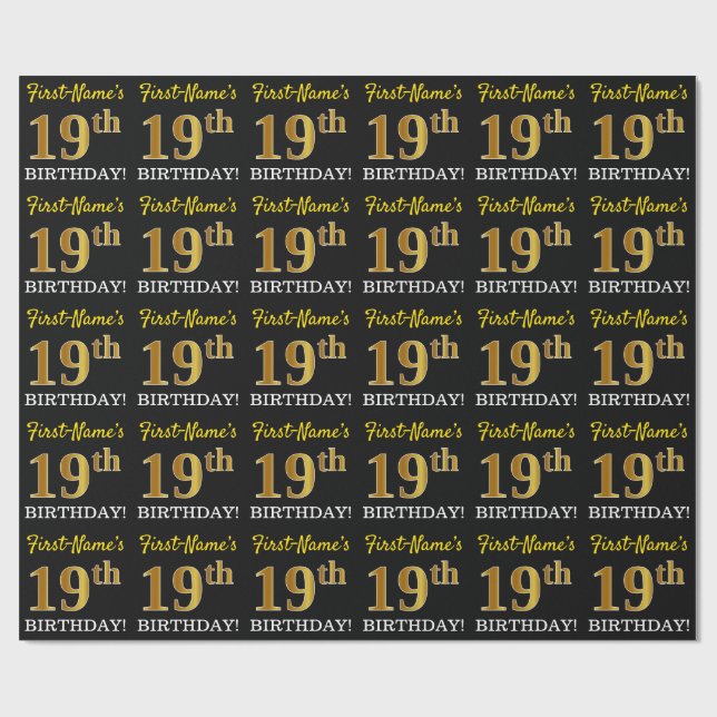 Black, Imitation Gold "19th BIRTHDAY" Wrapping Paper (Flat)