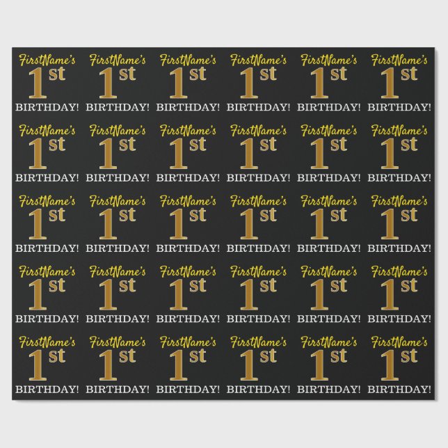 Black, Imitation Gold "1st BIRTHDAY" Wrapping Paper (Flat)