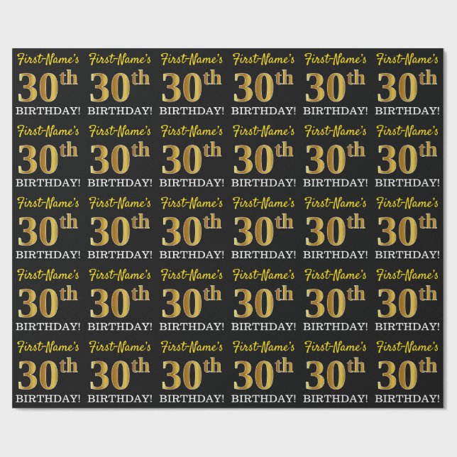 Black, Imitation Gold "30th BIRTHDAY" Wrapping Paper (Flat)