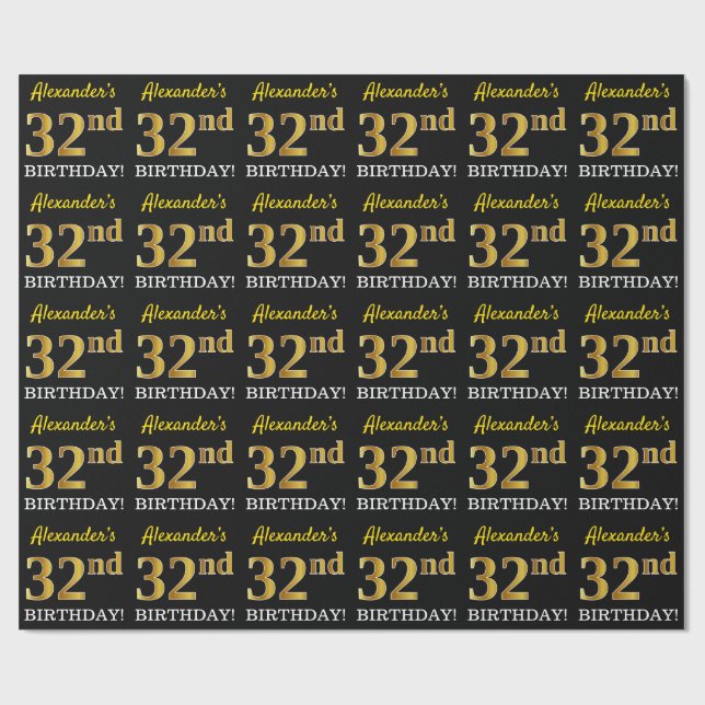 Black, Imitation Gold "32nd BIRTHDAY" Wrapping Paper (Flat)