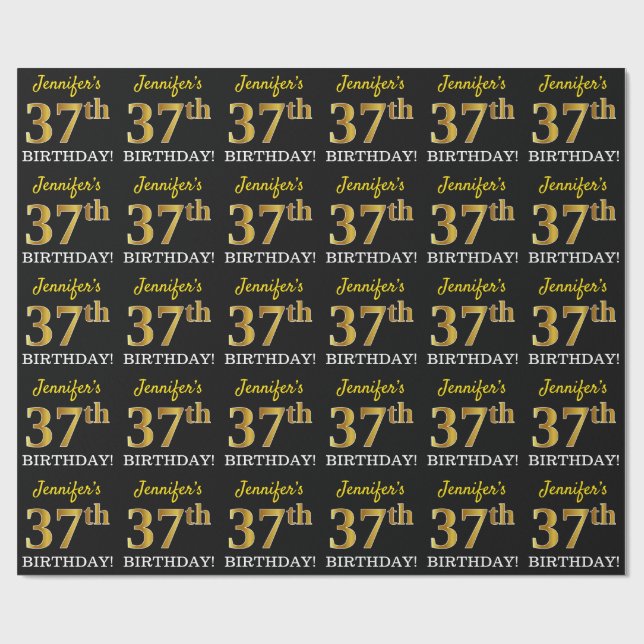 Black, Imitation Gold "37th BIRTHDAY" Wrapping Paper (Flat)