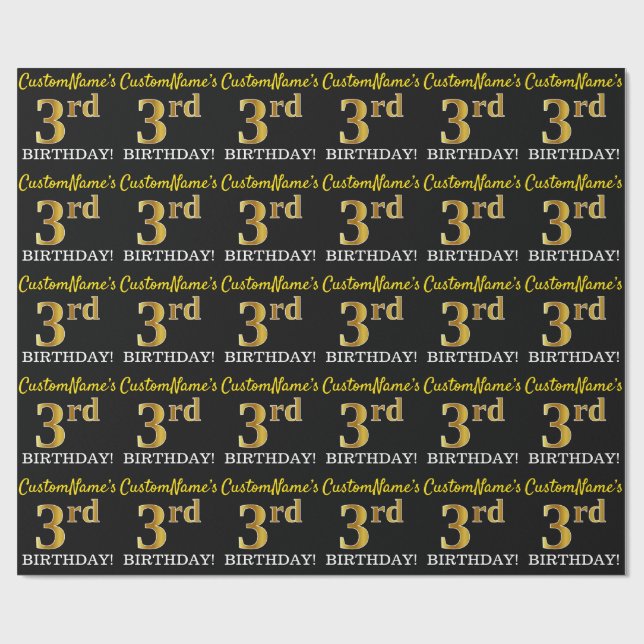 Black, Imitation Gold "3rd BIRTHDAY" Wrapping Paper (Flat)