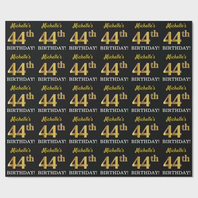 Black, Imitation Gold "44th BIRTHDAY" Wrapping Paper (Flat)