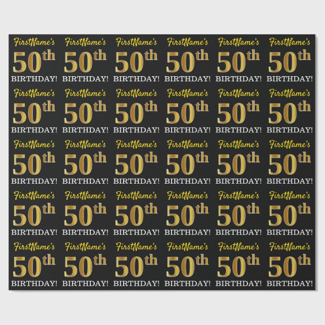 Black, Imitation Gold "50th BIRTHDAY" Wrapping Paper (Flat)