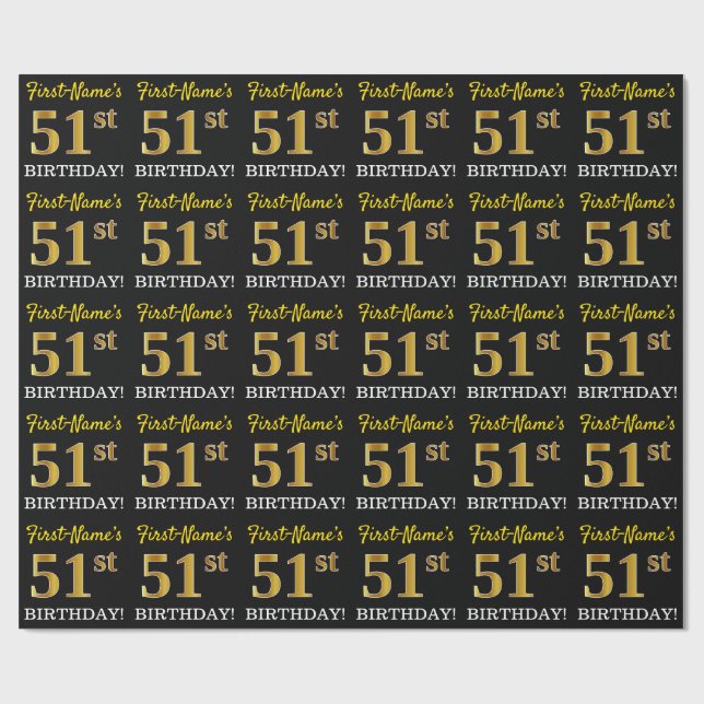 Black, Imitation Gold "51st BIRTHDAY" Wrapping Paper (Flat)