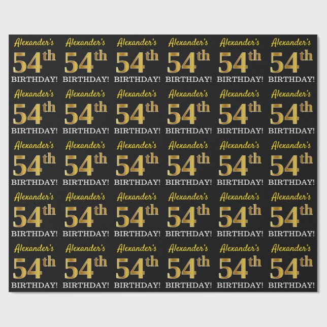 Black, Imitation Gold "54th BIRTHDAY" Wrapping Paper (Flat)
