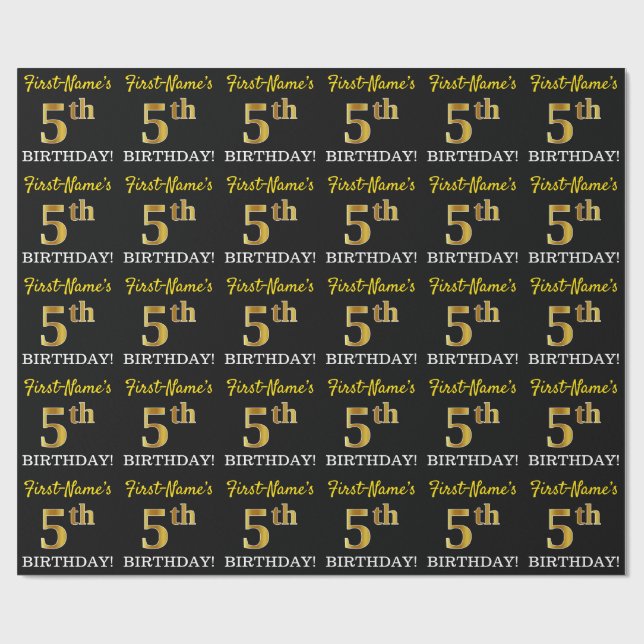 Black, Imitation Gold "5th BIRTHDAY" Wrapping Paper (Flat)
