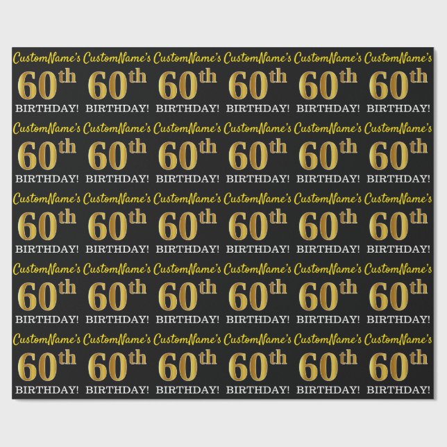 Black, Imitation Gold "60th BIRTHDAY" Wrapping Paper (Flat)