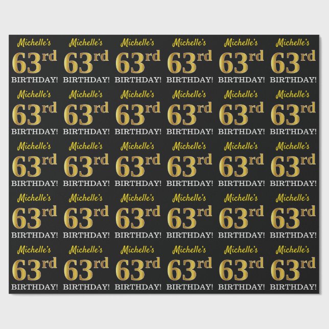 Black, Imitation Gold "63rd BIRTHDAY" Wrapping Paper (Flat)