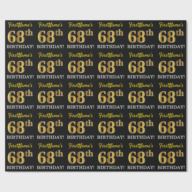 Black, Imitation Gold "68th BIRTHDAY" Wrapping Paper (Flat)