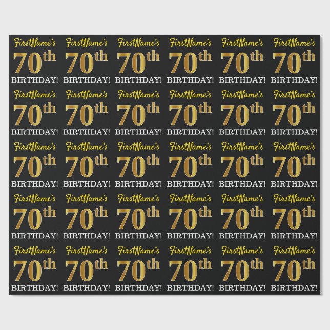 Black, Imitation Gold "70th BIRTHDAY" Wrapping Paper (Flat)