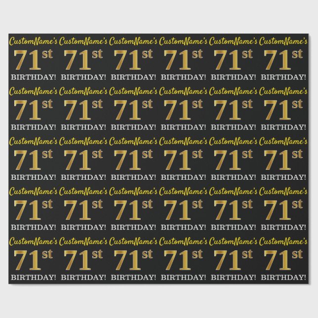 Black, Imitation Gold "71st BIRTHDAY" Wrapping Paper (Flat)