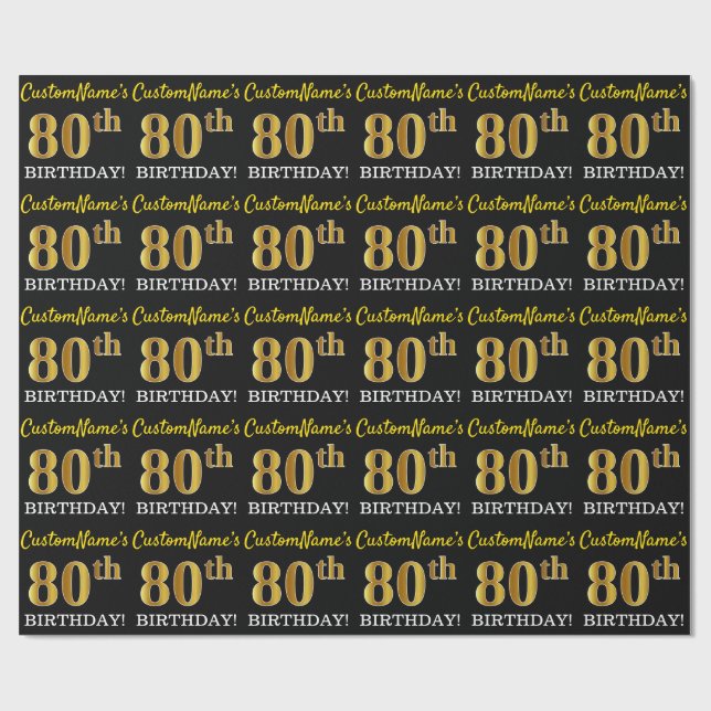 Black, Imitation Gold "80th BIRTHDAY" Wrapping Paper (Flat)