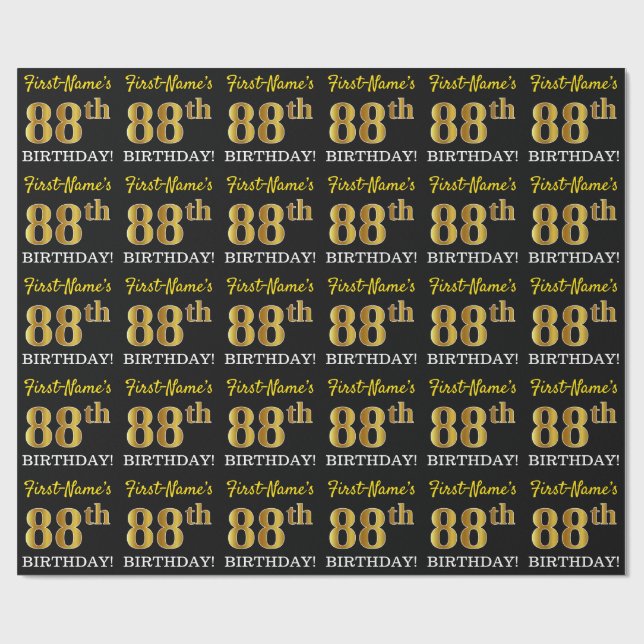 Black, Imitation Gold "88th BIRTHDAY" Wrapping Paper (Flat)
