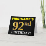 [ Thumbnail: Black, Imitation Gold "92nd Birthday" Card ]