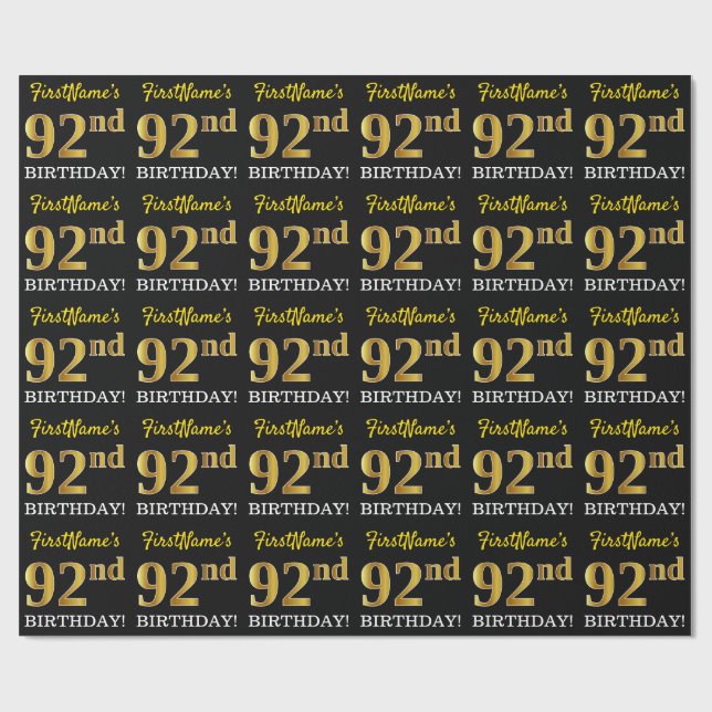 Black, Imitation Gold "92nd BIRTHDAY" Wrapping Paper (Flat)