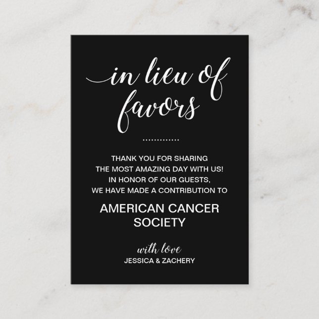 Black In Lieu Of Favors Charity Donation Wedding Place Card (Front)