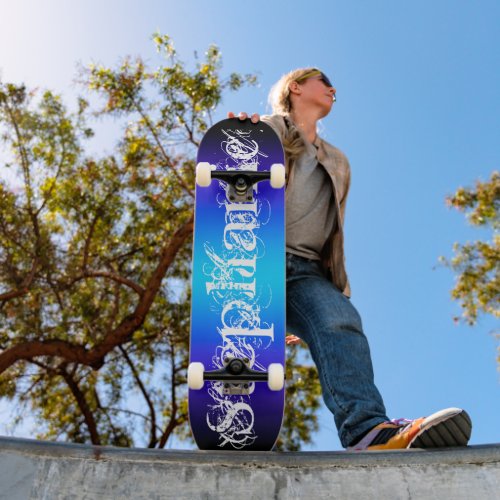 Black Indigo Blue and Aqua Gradient Chic Name Skateboard